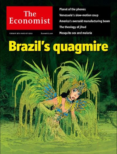 Passista de escola de samba atolada em gosma verde: capa da Economist