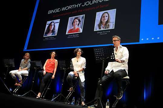 As jornalistas Sarah Koening, Julie Snyder e Dana Chiivis criaram o programa Serial, que foi discutido em Cannes. Foto: Soraya Ursine/Estadão