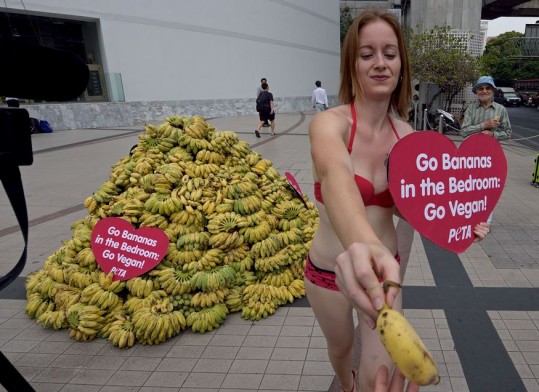 Manifestantes da organização Peta distribuem bananas vestidas de biquini vermelho e sapatos de salto alto (AFP)